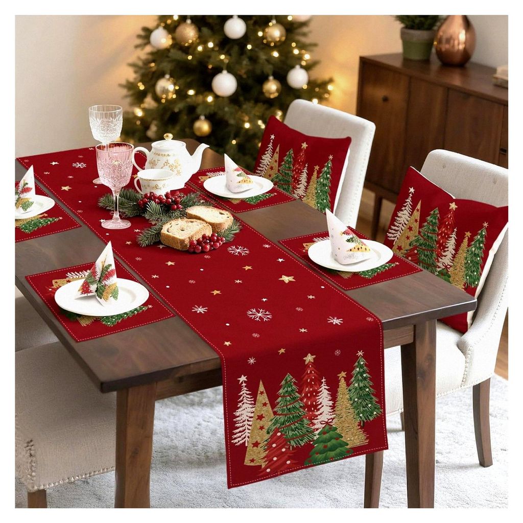 Weihnachtstischläufer 40x180 cm Rot Modern mit Weihnachtsbäumen und Schneeflocken für Winter- und Feiertagsdekoration im Esszimmer und Wohnzimmer