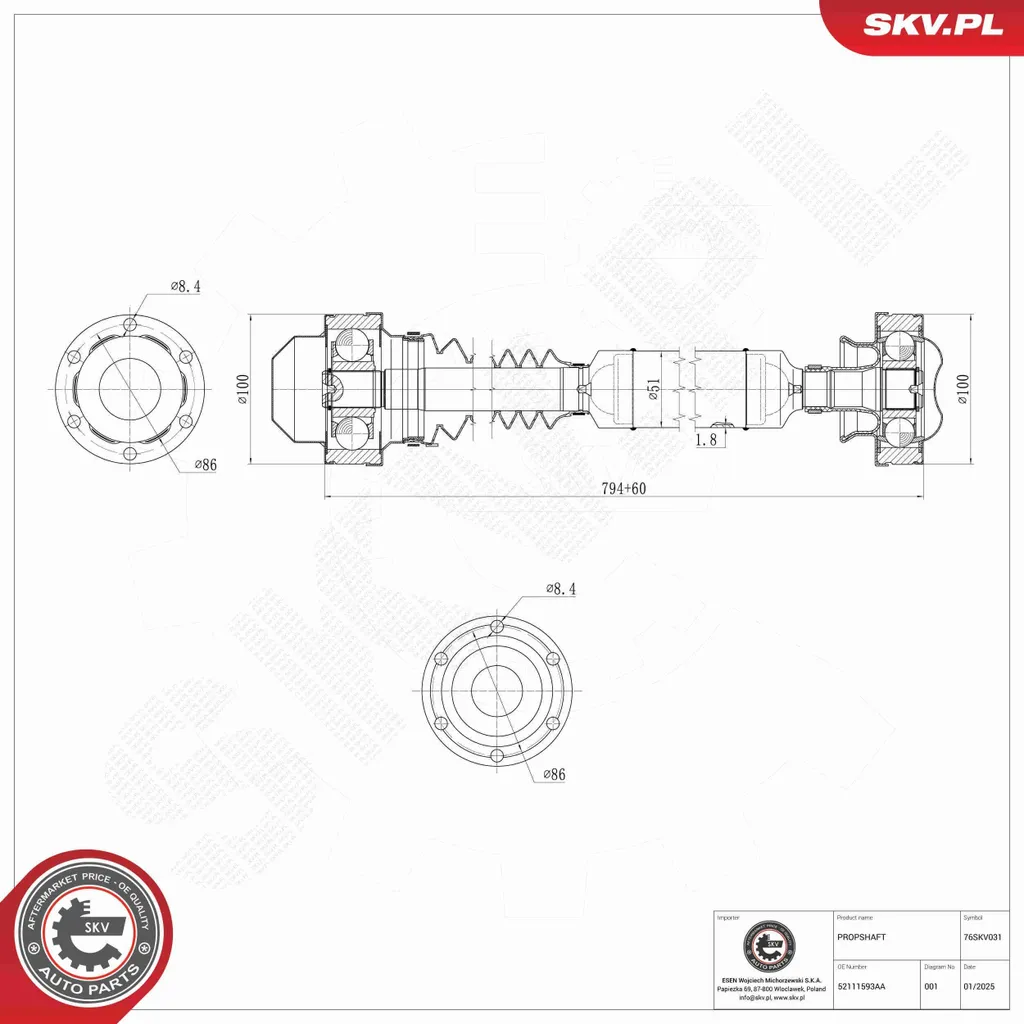 Arbre de Transmission ESEN SKV 76SKV031 pour Jeep Grand Cherokee II WJ
