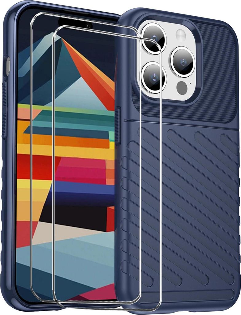 2in1 Schutz Cover Set für das Apple iPhone 14 Pro besteht aus 2x 9H Glas Folie Display Schutzfolie und 1x Silikon Case Schutzhülle - Hülle in Blau