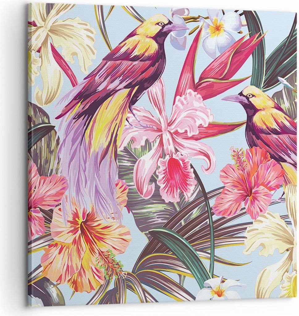 Bild auf Leinwand - Leinwandbild - Blume Vogel Sommer - 60x60cm - Wand Bild - Wanddeko - Wandbilder - Leinwanddruck - Bilder - Kunstdruck - Wanddek...