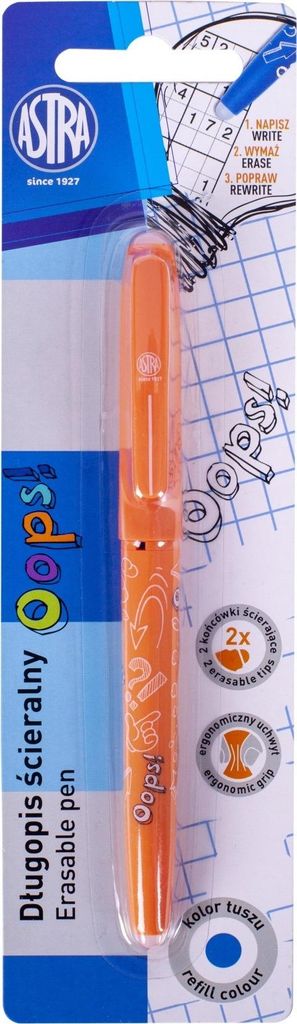 Gummierter Stift OOPS!, 0,6mm, blau, zwei Radiergummis, Farbmix, Blister, 201120003