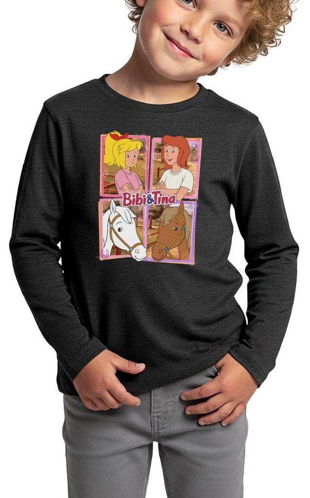 Spreadshirt Bibi Und Tina Mit Amadeus Und Sabrina Kachelmotiv Kinder Premium Langarmshirt, 122/128 (6 Jahre), Anthrazit meliert