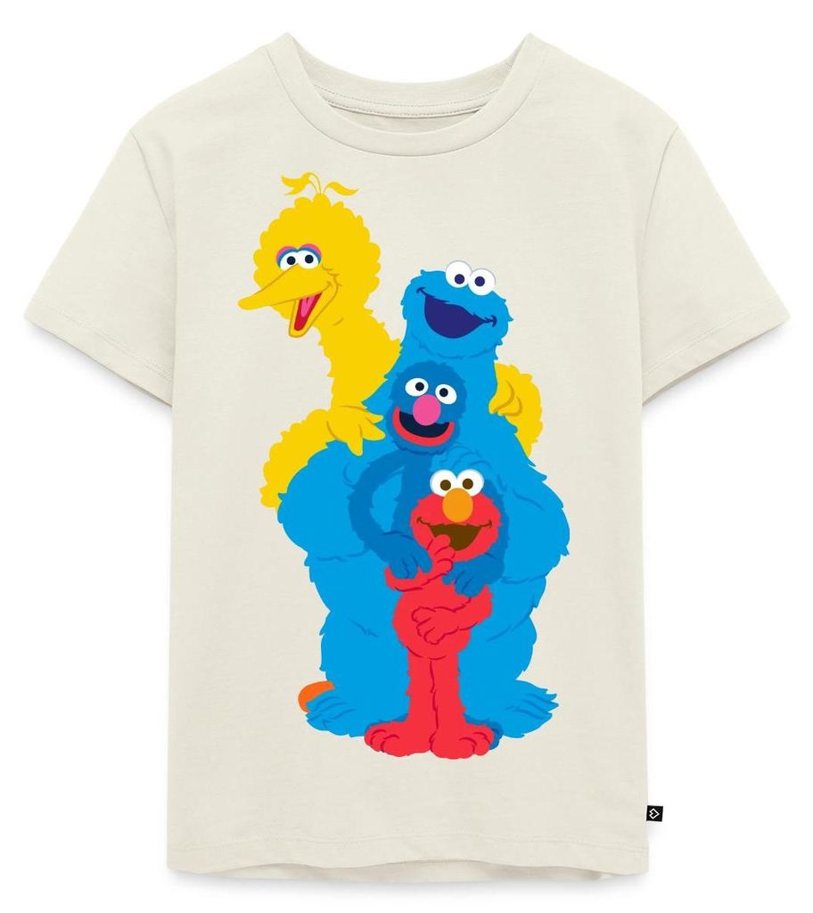 Spreadshirt Sesamstraße Elmo Grobi Krümelmonster Bibo Kinder Premium T-Shirt, 122/128 (6 Jahre), Naturweiß
