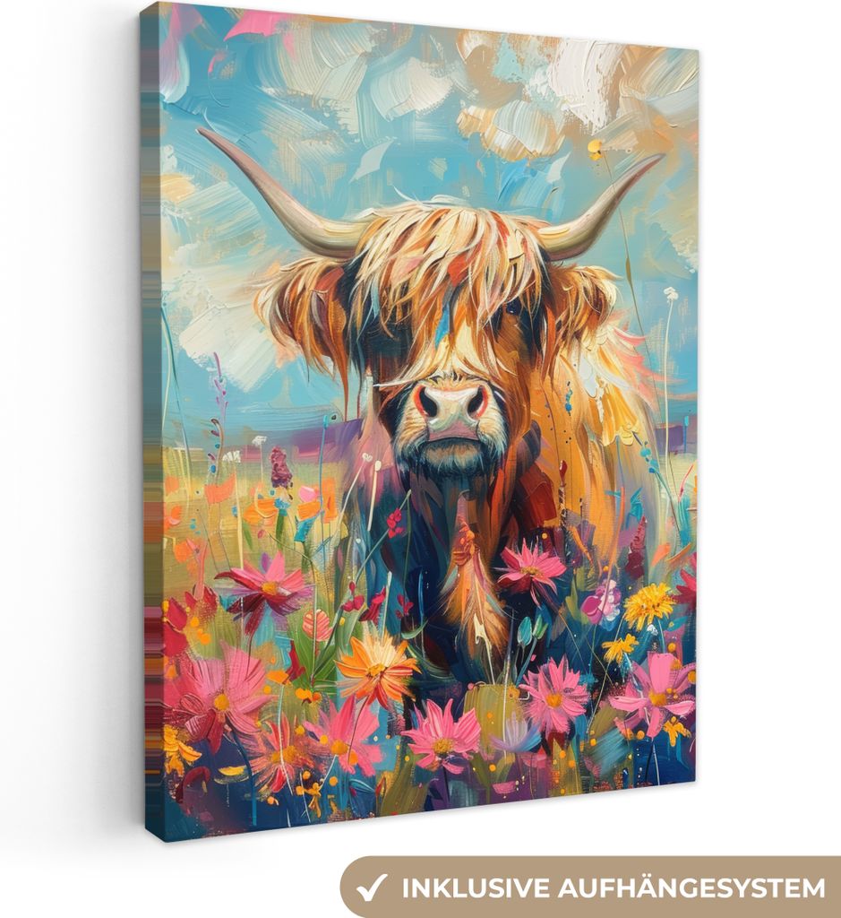 Wanddeko 60x80 cm - Schottisches Hochlandrind - Natur - Farbenfroh - Blumen, Deko Wohnzimmer, Leinwand Bilder