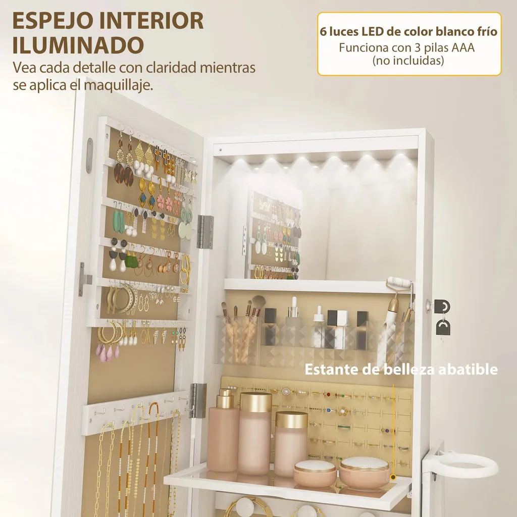 Armoire bijoux rotative 360° verrouillable avec miroir LED Blanc