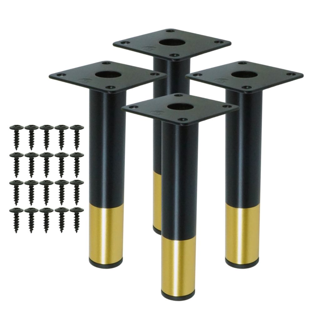 Stahl Möbelbeine rund 14,6 cm, Set mit Schrauben, mattschwarz + gold, 4 Stück
