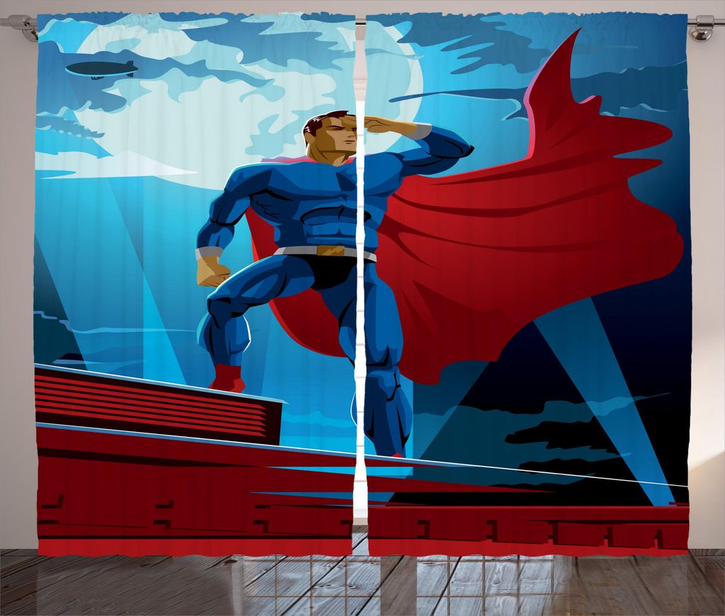 ABAKUHAUS Superhelden Rustikaler Gardine, Retro Cartoon Heros, Schlafzimmer Kräuselband Vorhang mit Schlaufen und Haken, 280 x 245 cm, Blau Rot