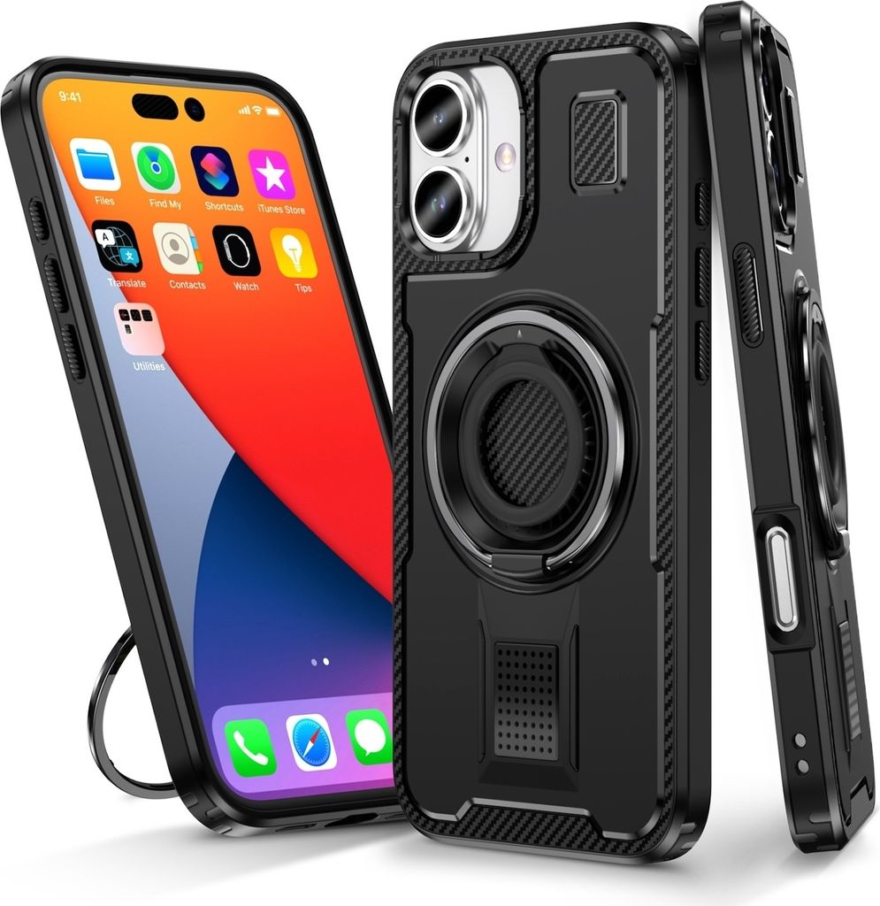 Für Apple iPhone 16 Plus Ringhalter 360 Grad Carbon Design Hybrid Hülle Schwarz