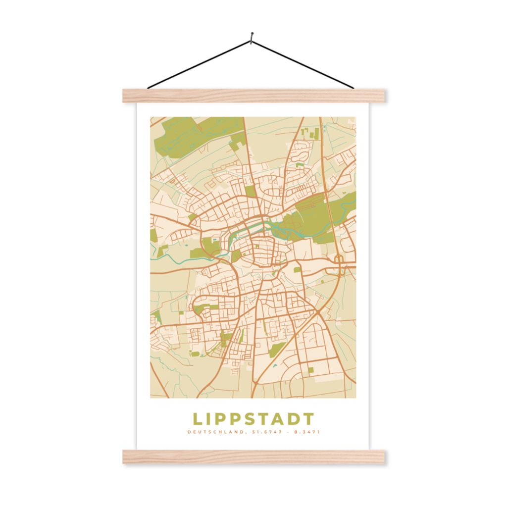 MuchoWow Textilposter Karte - Jahrgang - Lippstadt - Karte 120x180 cm mit holzfarbenen Rahmen - Textil-Plakat