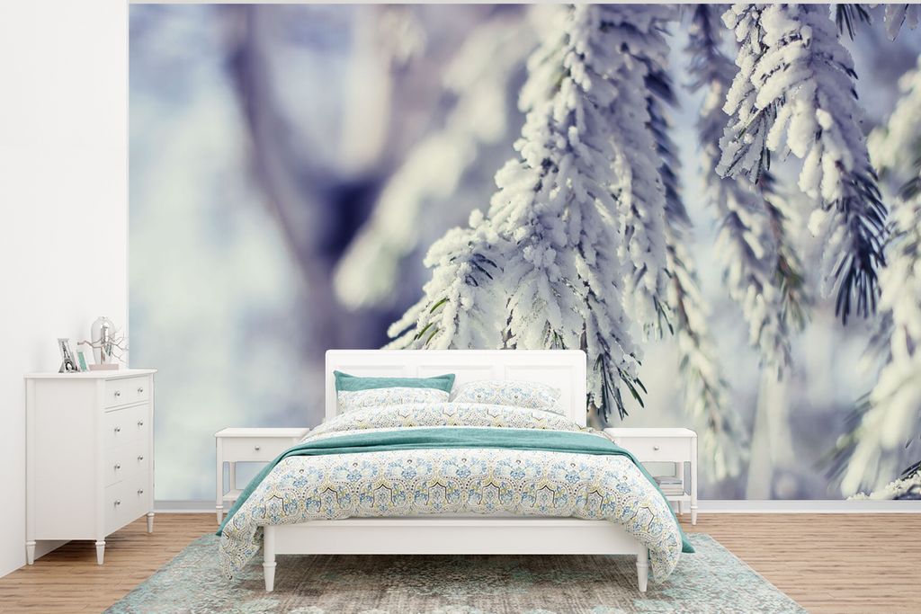 MuchoWow Fototapete für Wohnzimmer oder Schlafzimmer Wandtapete Vinyl Motivtapete Winter - Tannenbaum - Schnee - Ländlich - 320x240 cm - Tapeten