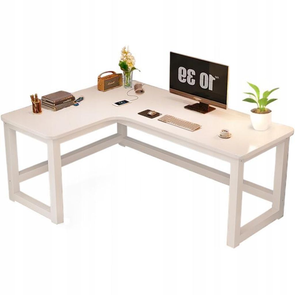 A white L-shaped computer desk with office supplies and a computer setup.