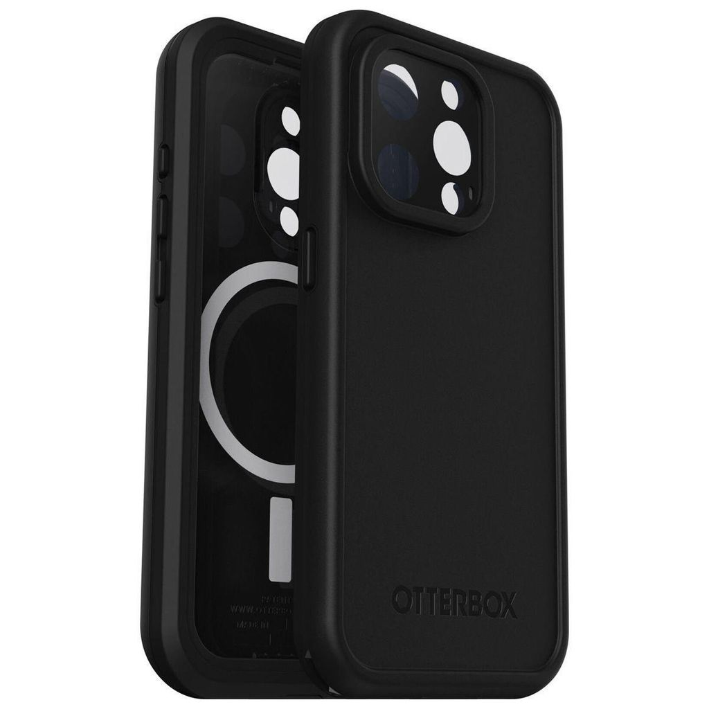 A black OtterBox Fre case for an iPhone 15 Pro with MagSafe is shown from a slight angle, with the back of the case revealed to show the MagSafe ring.