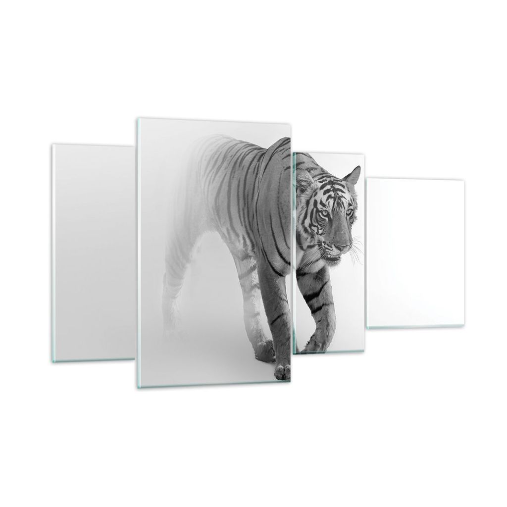 Bilder auf glas - 4 Teile - Tiger Monochrom Porträt - 120x70cm - Glasbilder - Wandbilder - Bilder - zum Aufhängen bereit - Wanddekoration aus Gla...