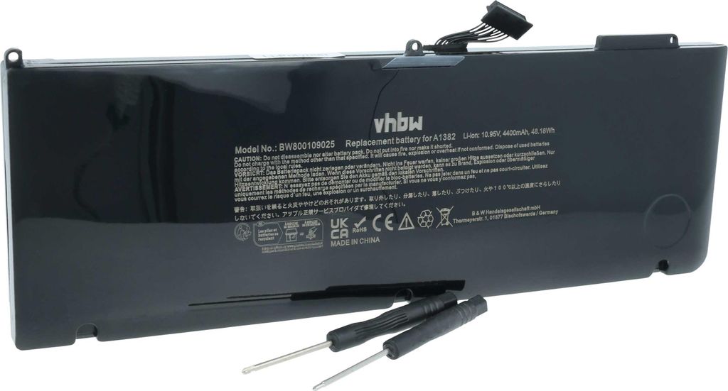 vhbw Akku kompatibel mit Apple Macbook Pro 15" 2012, 15" MC721LL/A, 15" MC723LL/A, 15" MD104LL/A, 15" 2011 Notebook (4400 mAh, 10,95 V, Li-Polymer)