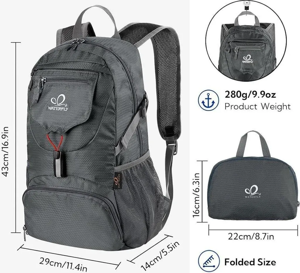 Sac à dos ultraléger 20L pliable en nylon gris résistant à l'eau