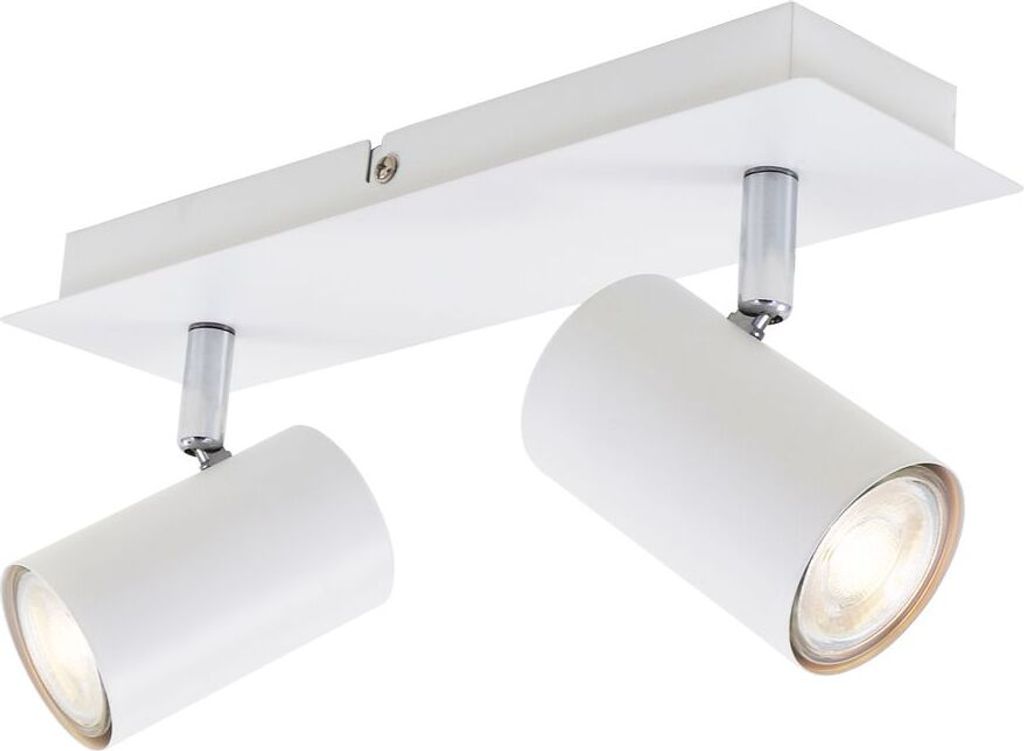 A white ceiling light fixture with two adjustable spotlights.