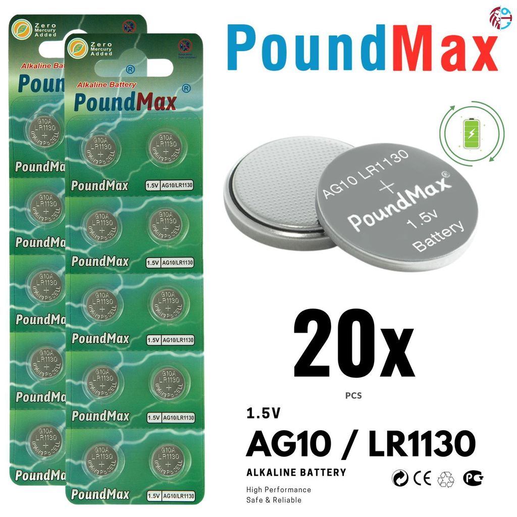 20x AG10 PoundMax Alkaline Knopfzelle/Uhren LR1130, LR54, Produktbild 