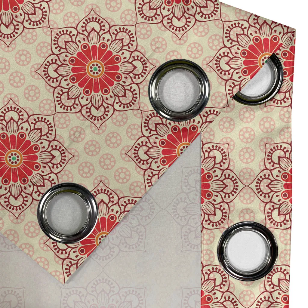 Rideau ethnique à œillets composition florale mandalas rubis et beige - 3