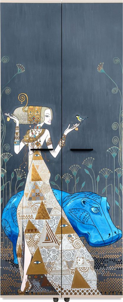 A stylized illustration of a woman in a long dress standing next to a blue hippopotamus, with decorative plants in the background.