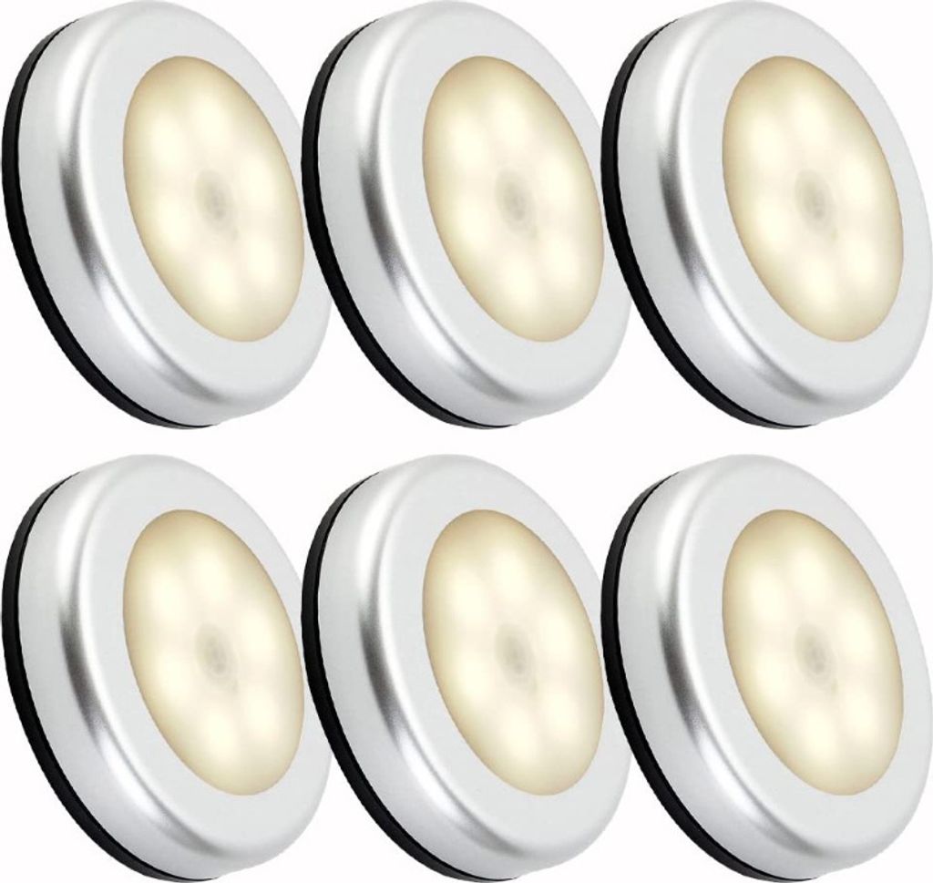 6 Stück 6 LEDs Nachtlicht Mit Bewegungsmelder Sensor, Auto On/Off für Flur/Küche/Schlafzimmer/Treppe/Schrank (Silber, Warmweiß Licht)