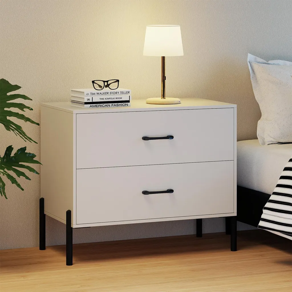 Commode de chambre à 2 tiroirs blanche, meuble de rangement 71 cm - 7