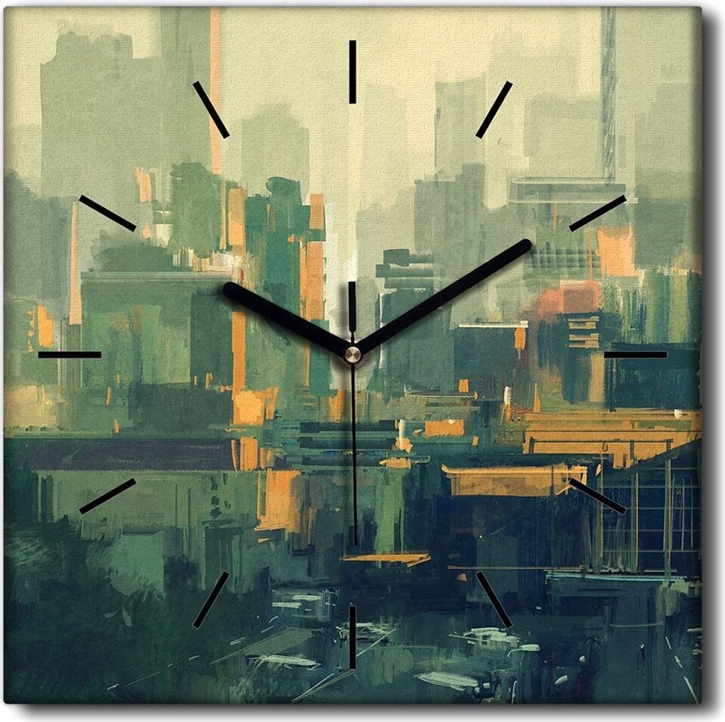 Coloray Uhr auf Leinwand 30x30 cm Wand Uhr Dekoration Wohnzimmer Segeltuch schwarze Hände -Stadt Wolkenkratzer