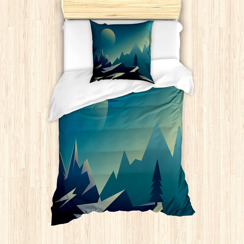 ABAKUHAUS Set copripiumino per letti singoli, motivo geometrico paesaggistico, antiacaro e anallergico con federa, 135 cm x 200 cm - 80 x 80 cm, blu mare e verde chiaro