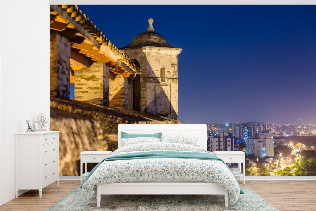 MuchoWow Fototapete für Wohnzimmer oder Schlafzimmer Wandtapete Vinyl Motivtapete Burg mit Blick auf die Skyline der Altstadt von Cartagena Kolu...