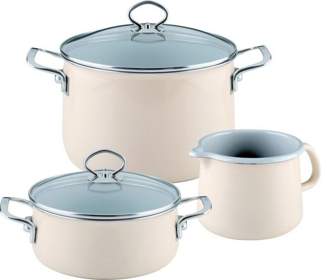 A set of three cream-colored pots with glass lids and gray rims, displayed on a white background.