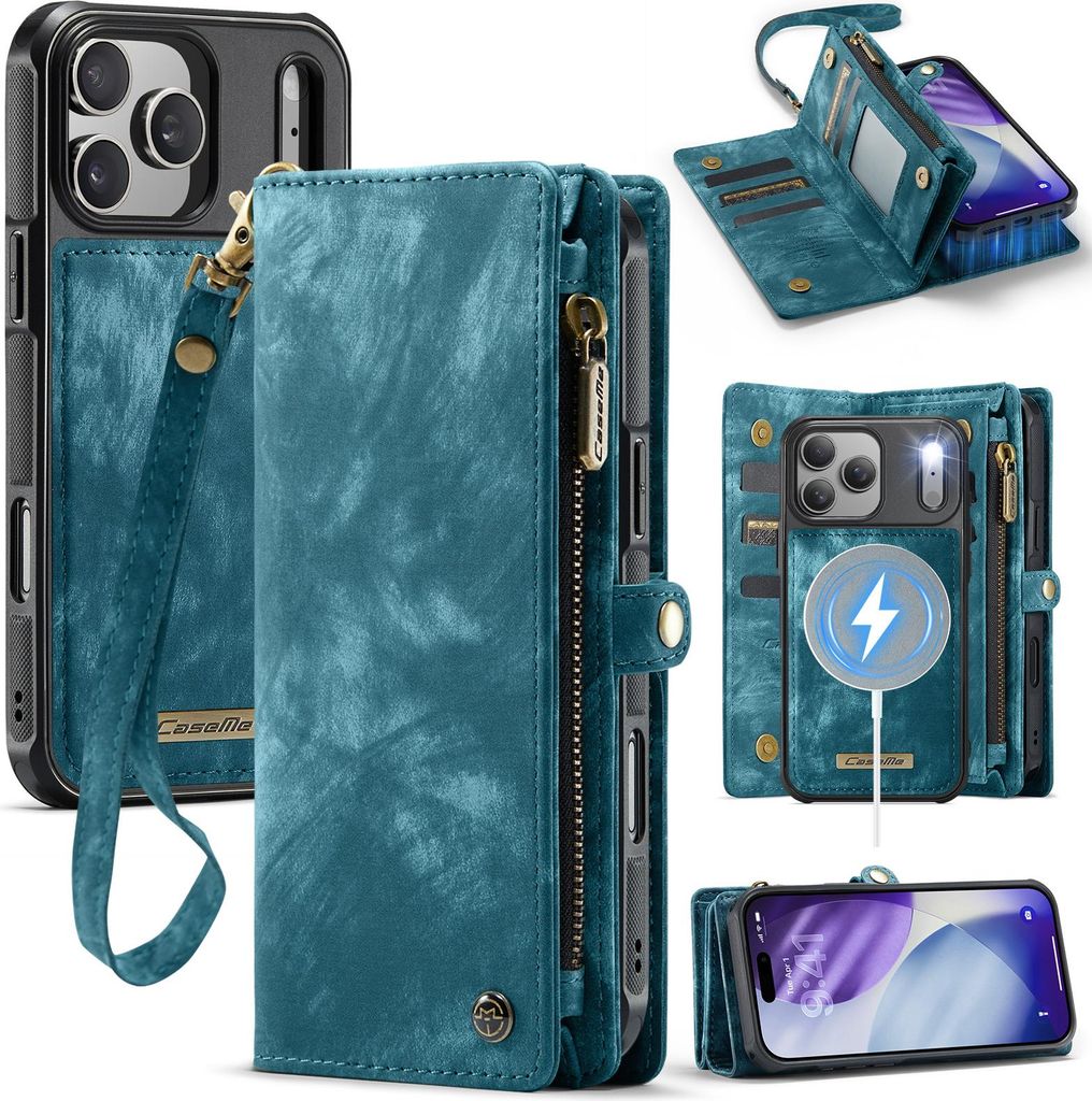 Schutzhülle für iPhone 17 Pro Max, Vintage Multifunktions Lederhülle, Kartenfächer, Reißverschluss Hülle Blau