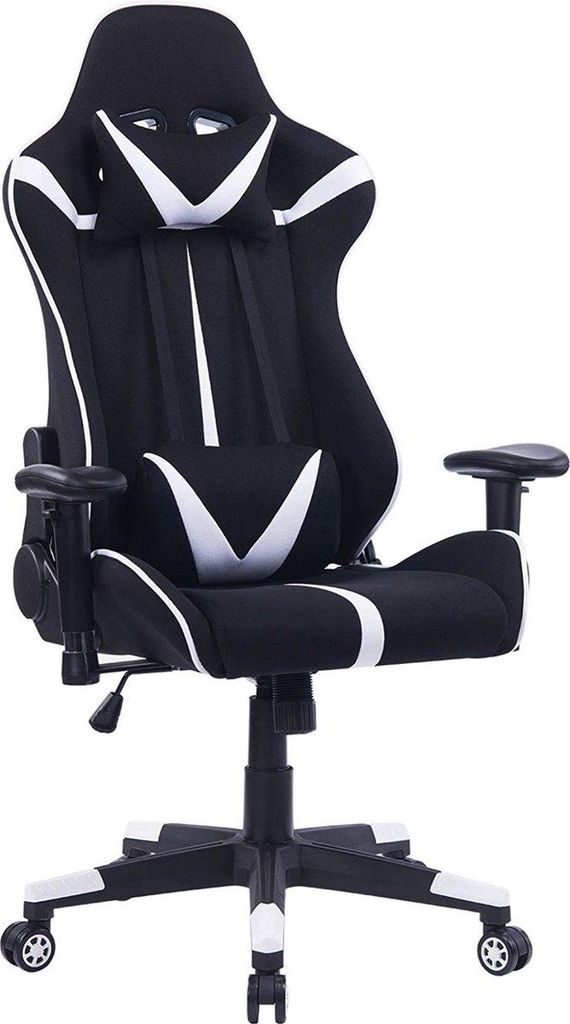 Happyment Gamingstuhl Sheffield – Mit Fußstütze – Weiß/Schwarz – Höhenverstellbar – Ergonomisch – Mit Armlehnen