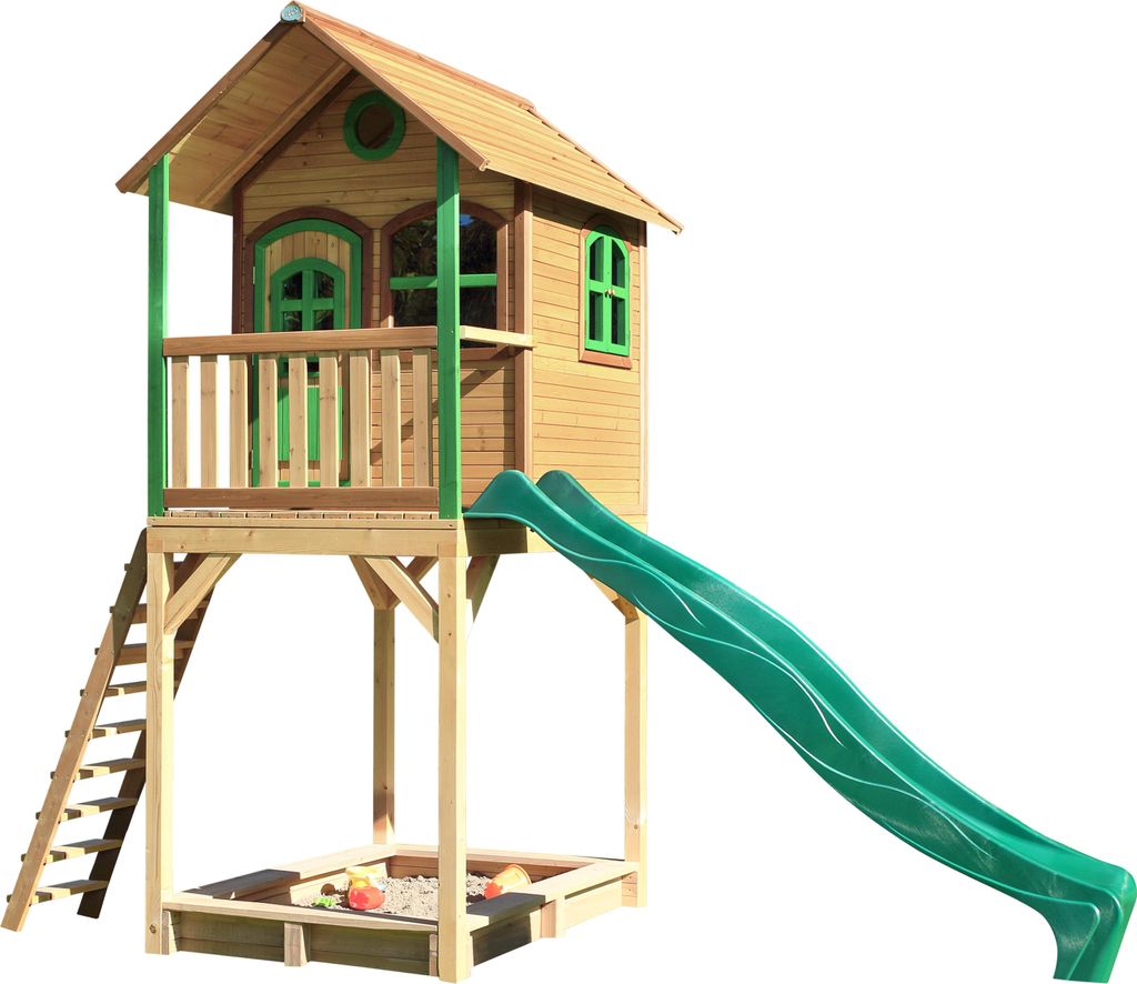AXI Spielhaus Romy mit Sandkasten & grüner Rutsche | Stelzenhaus in Braun & Grün aus Holz für Kinder | Spielturm für den Garten