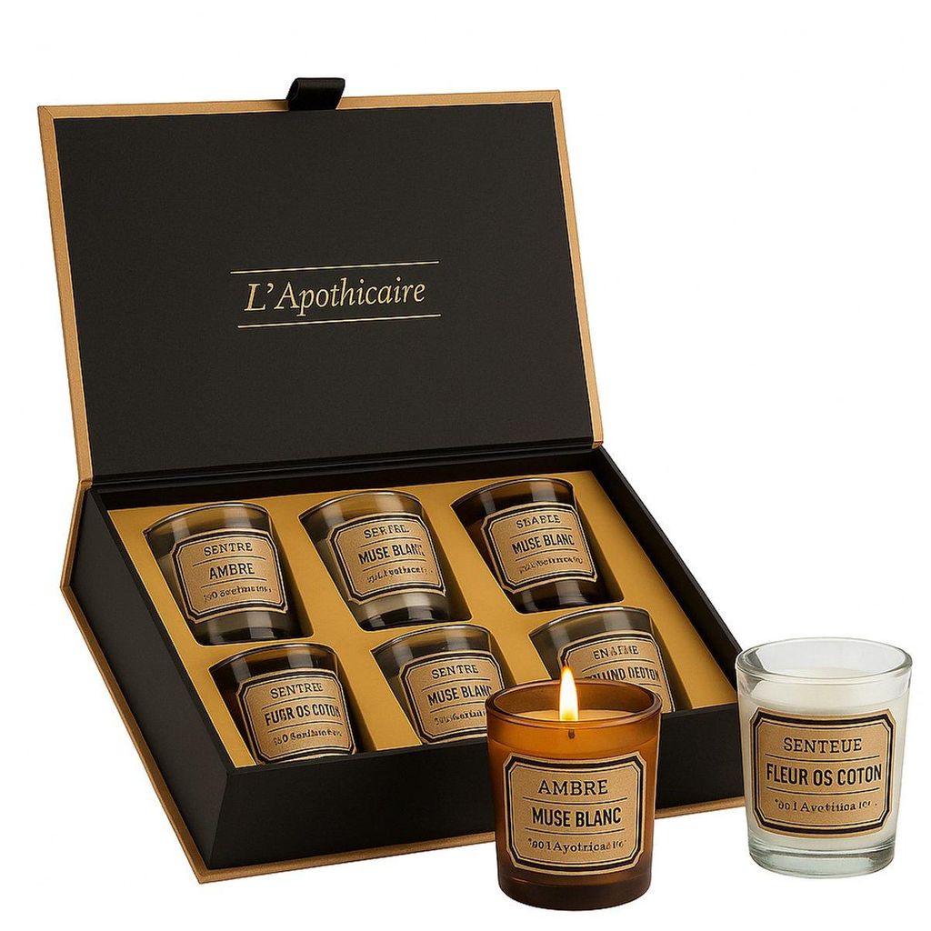 Elegante beige Geschenkbox mit sechs Duftkerzen – Vanille, Rose & Moschus