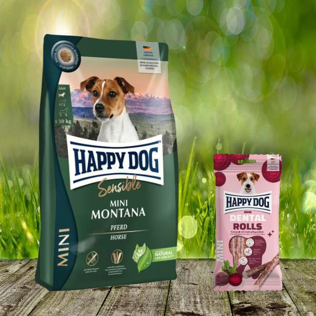 Happy Dog Supreme Mini Montana 4 kg + Happy Dog Dental Snacks Dental Rolls Mini *geschenkt*
