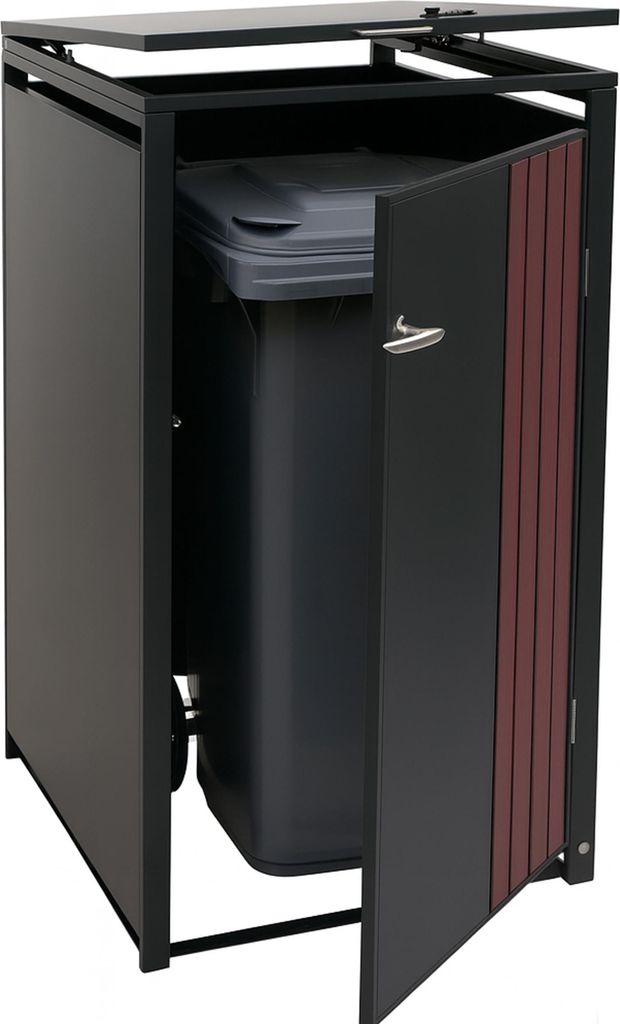 1er-Mülltonnenverkleidung MCW-O67, Mülltonnenbox mit Deckel, Metall 122x68x84cm 35kg anthrazit Holzoptik dunkel
