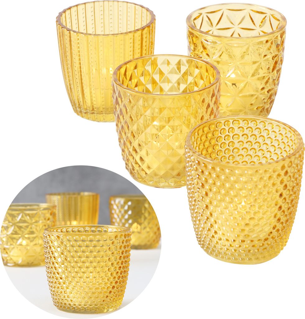 LS-LebenStil 4´er Set Glas Teelichthalter Retro Gelb 7cm Produktbild