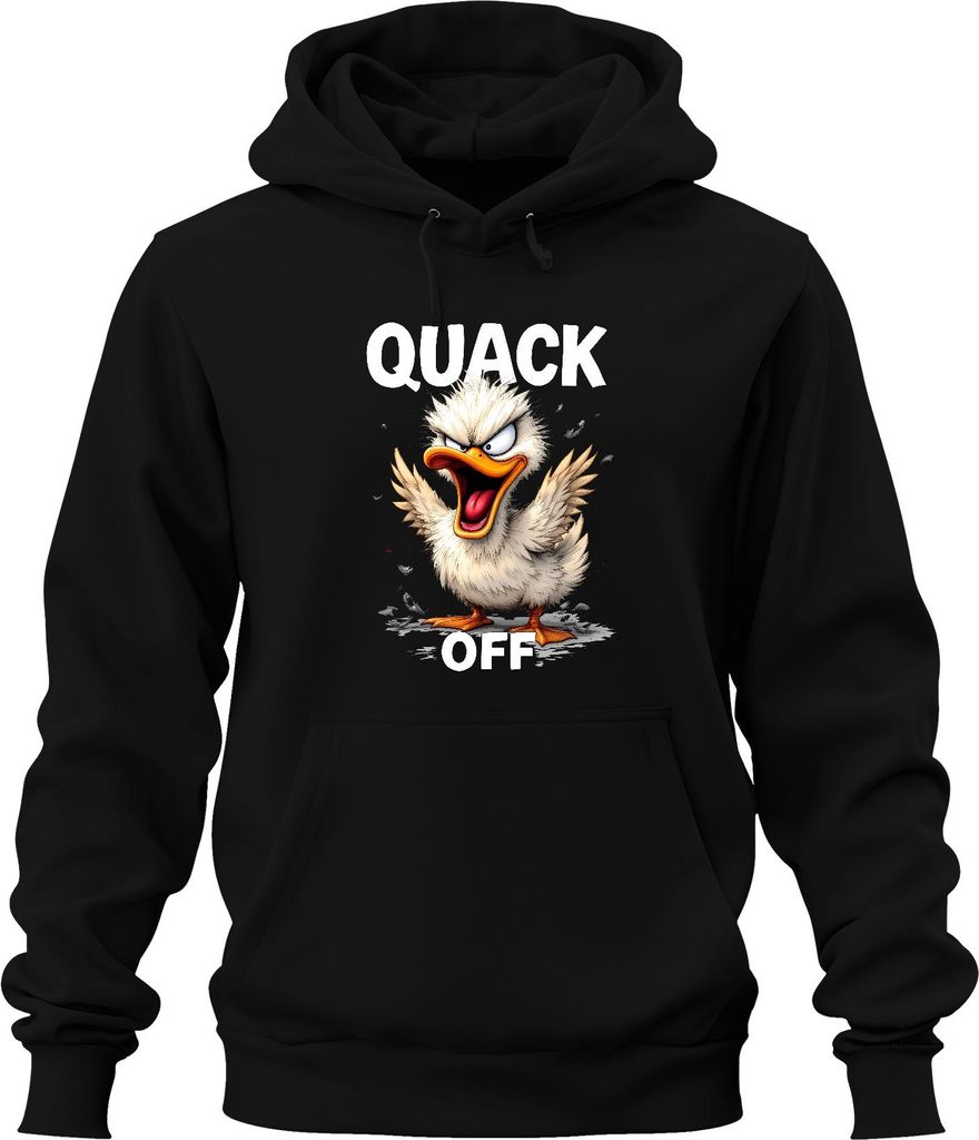 QUACK OFF lustige wütende Ente frech Cartoon Spruch sarkastisch Uni Hoodie Kapuzenpullover, Schwarz, XXL