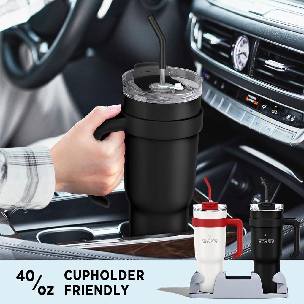 Doppelwandiger Thermobecher mit Strohhalm und Griff - 1100 ml - Edelstahl - vakuumisoliert - auslaufsicher - für kalte und warme Getränke - schwarz