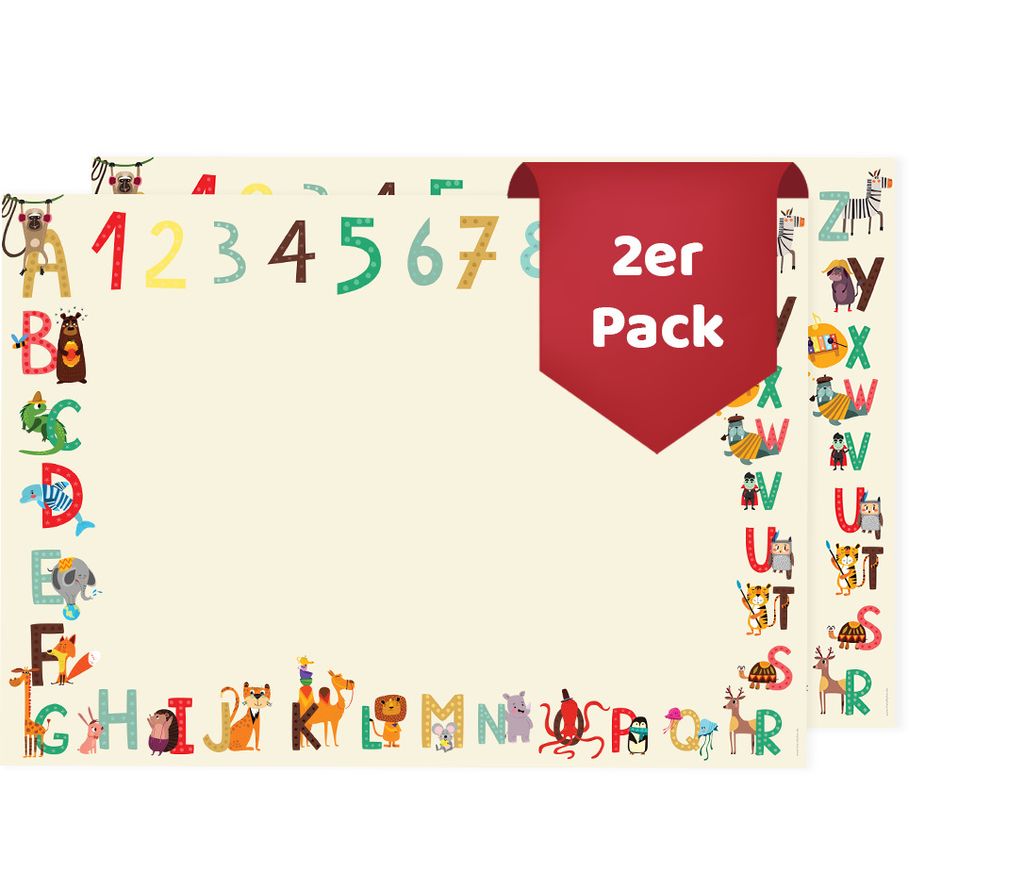 Friendly Fox Schreibtischunterlage ABC Kinder , 2x DIN A2 Schreibtischunterlage Papier, 25 Blatt Block zum Malen, Schreibtisch Unterlage zum Schreiben