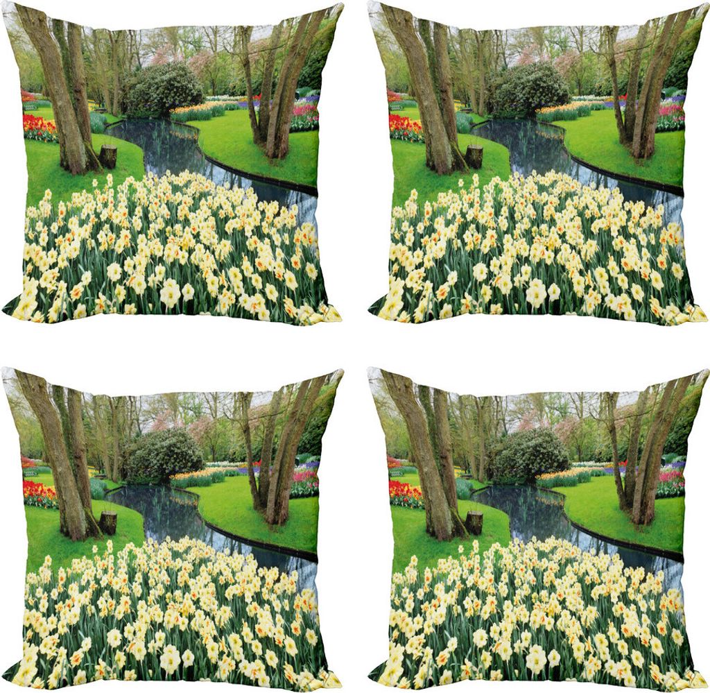 ABAKUHAUS Frühling Kissenbezug Set (4 Stück), Flower Garden Grass Park, Moderner Doppelseitiger Digitaldruck, 40 cm x 40 cm, Grün und Brown