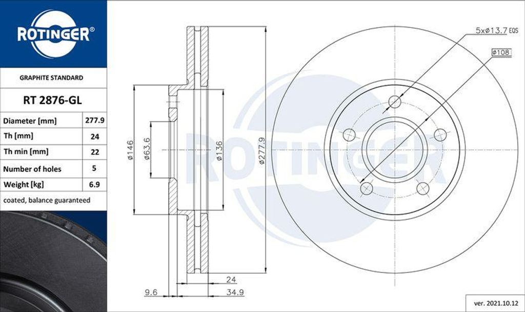 ROTINGER RT 2876-GL Bremsscheibe OE 1361298 kompatibel mit Transit, Tourneo