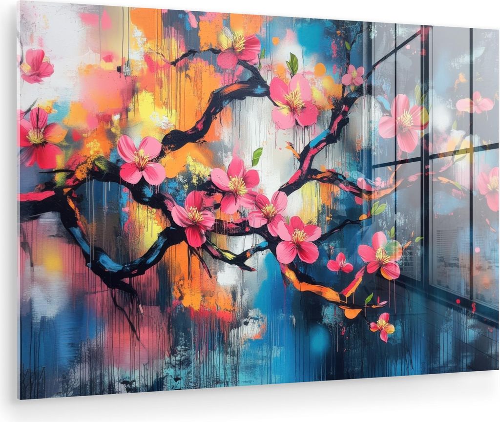 MuchoWow Glasbilder - Bilder auf Wandbild - Foto auf Glas Blumen - Zweig - Künstlerisch - Rosa 120x80 cm Wanddekoration aus Glas - Acrylglasbild -...