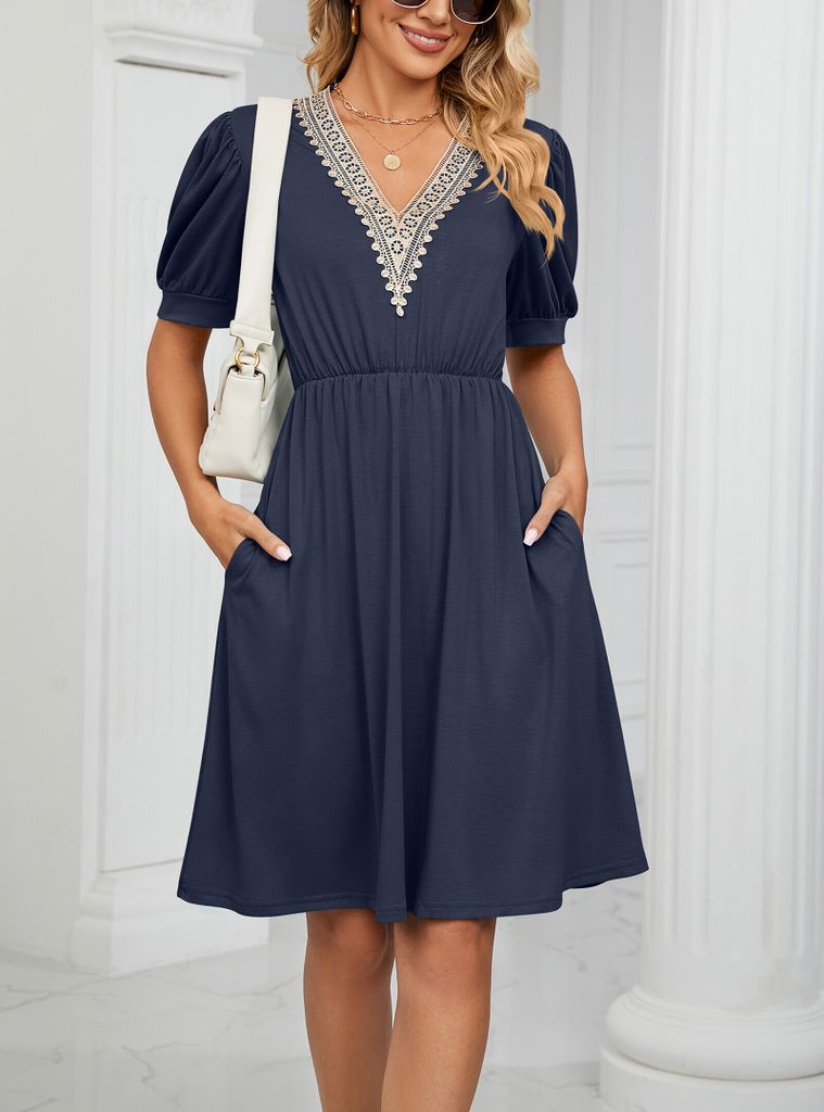 ASKSA Damen Kleider Sommer Kurzarm V-Ausschnitt kleid mit Taschen Taillenkleid Freizeitkleid, Marineblau, M