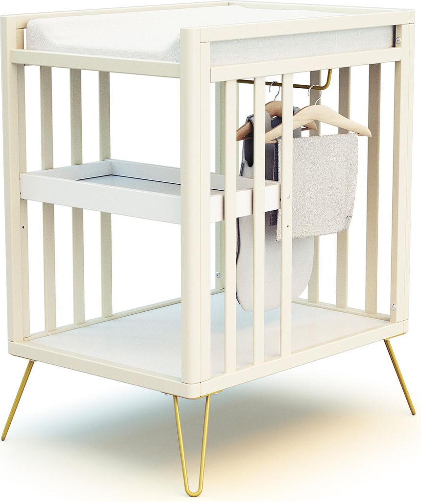 JURABABY – Wickeltisch mit 2 Holzregalen NUR Gelb| 76 x 56 x 94 cm | Mit Tablett, Regal und Garderobe | Kompakt | Stabil mit Stahlbeinen