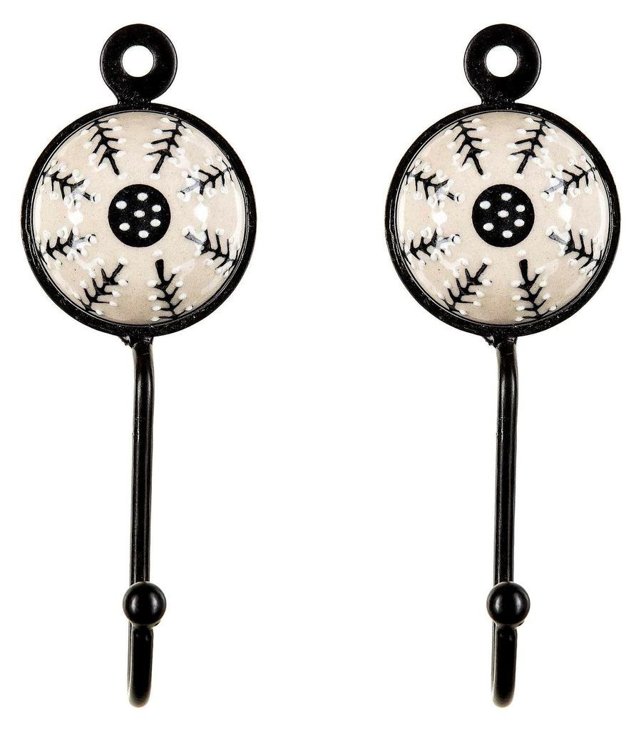 2 Garderobenhaken Wandhaken Kleider-Haken Rundhaken mit beige/weiß/schwarz Keramikverzierung. Ø 5 cm, 13 cm Länge
