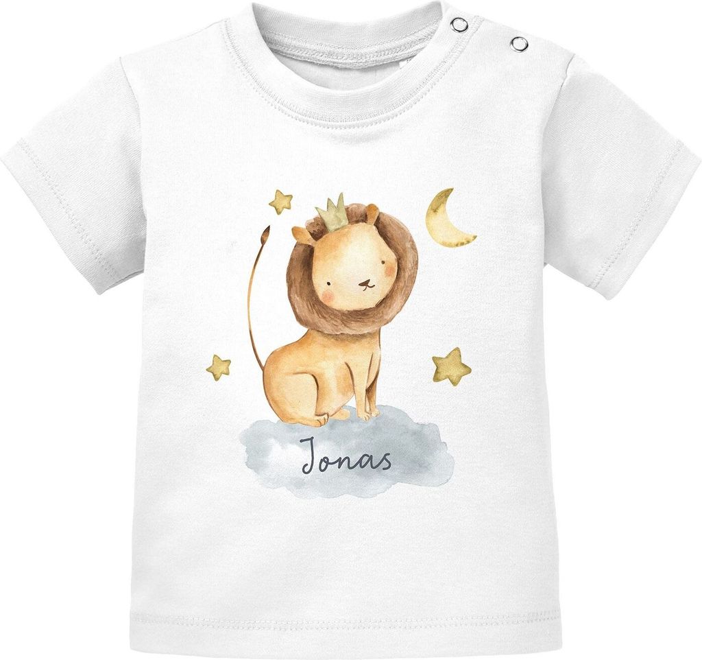 Baby T-Shirt mit Namen Tier-Motive Nashorn Löwe Elefant Watercolor Junge Mädchen kurzarm Baumwolle SpecialMe Löwe weiß 92/98 (16-24-Monate)
