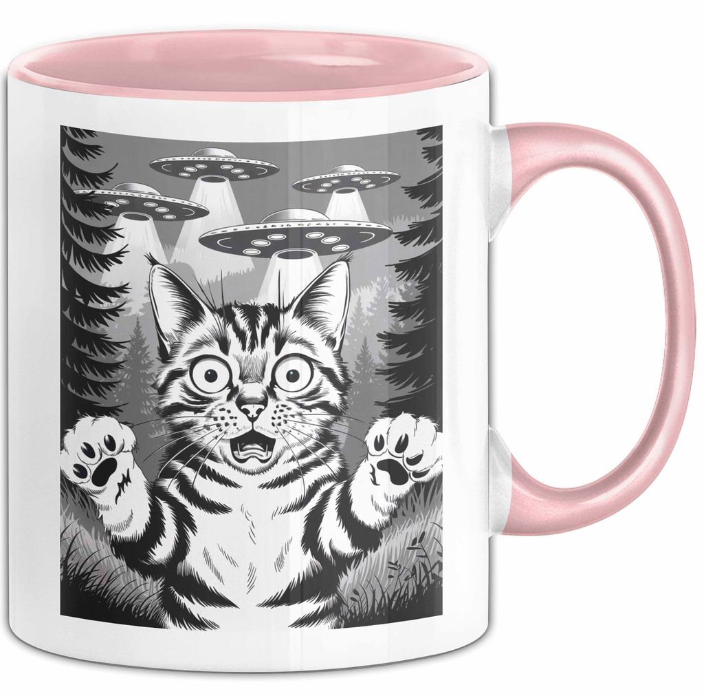Katzen Tierliebhaber Tasse Geschenk Lustige Geschenkidee Spruch Alien UFO Katze (Rosa)