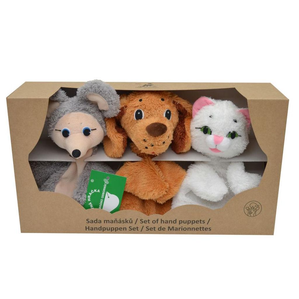 3er Set Handpuppen Maus, Hund, Katze 18,5 cm Mehrfarbig, 24703A