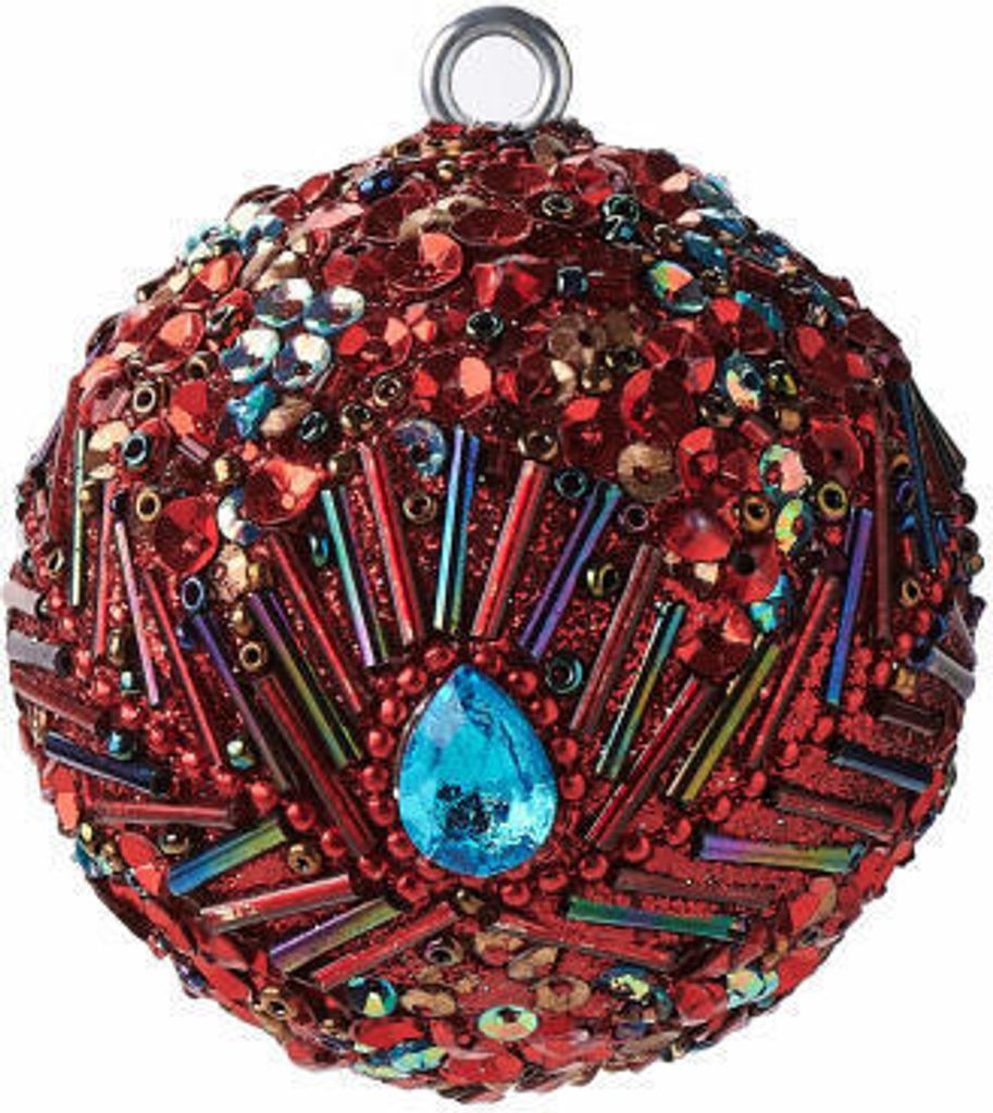 Gift Company Opium Weihnachtskugel, Pfaumuster, Blauer Stein, Perlen, Pailetten, Christbaumkugel, Baumschmuck, Glas / Acryl / Kunststoff, Rot, Ø 6...