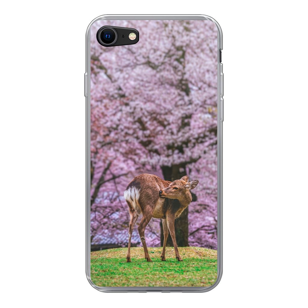 MuchoWow Handyhülle Schutzhülle Hülle für iPhone 7 Hirsch - Rosa - Blüte Silikon Softcase Handy Hülle - Kartenhalter